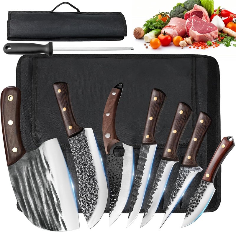 zeng 8 Pieces Butcher Knife Set with Roll Bag, Chef Knife Set for Meat Cleaver Cutting & Viking Knives with Ergonomic Handles, Stainless Steel Hand Forged Kitchen Knife Set for Home, Cooking, Camping - Image 1